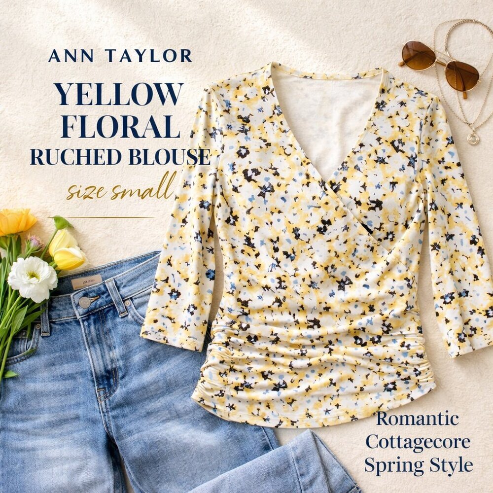 Ann Taylor Yellow Floral Ruched Blouse